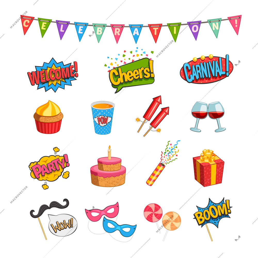 Party comic elements set with fireworks and cake flat isolated vector illustration