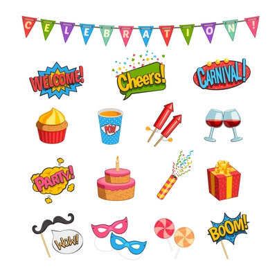 Party comic elements set with fireworks and cake flat isolated vector illustration