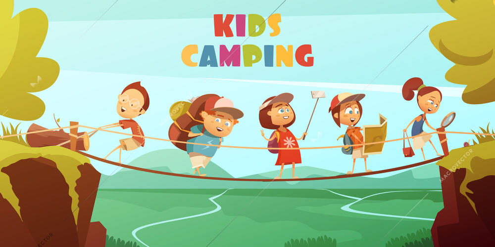 Camping kids background with cliffs valley and bridge cartoon vector illustration
