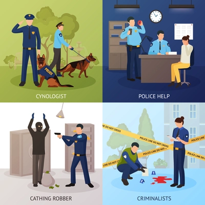 Police officers work 4 flat icons square with bank robber seizure and crime scene investigation isolated vector illustration