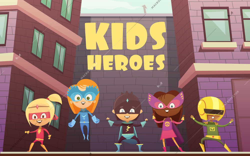 Kids superheroes vector illustration with team of comic cartoon characters dressed in superheroes costumes on isometric urban background