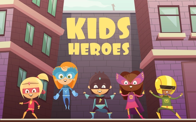 Kids superheroes vector illustration with team of comic cartoon characters dressed in superheroes costumes on isometric urban background