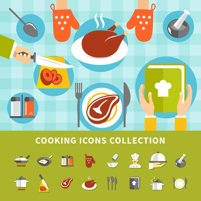 Cooking elements set with kitchen utensils different dishes meals ingredients chef cookbook in flat style vector illustration