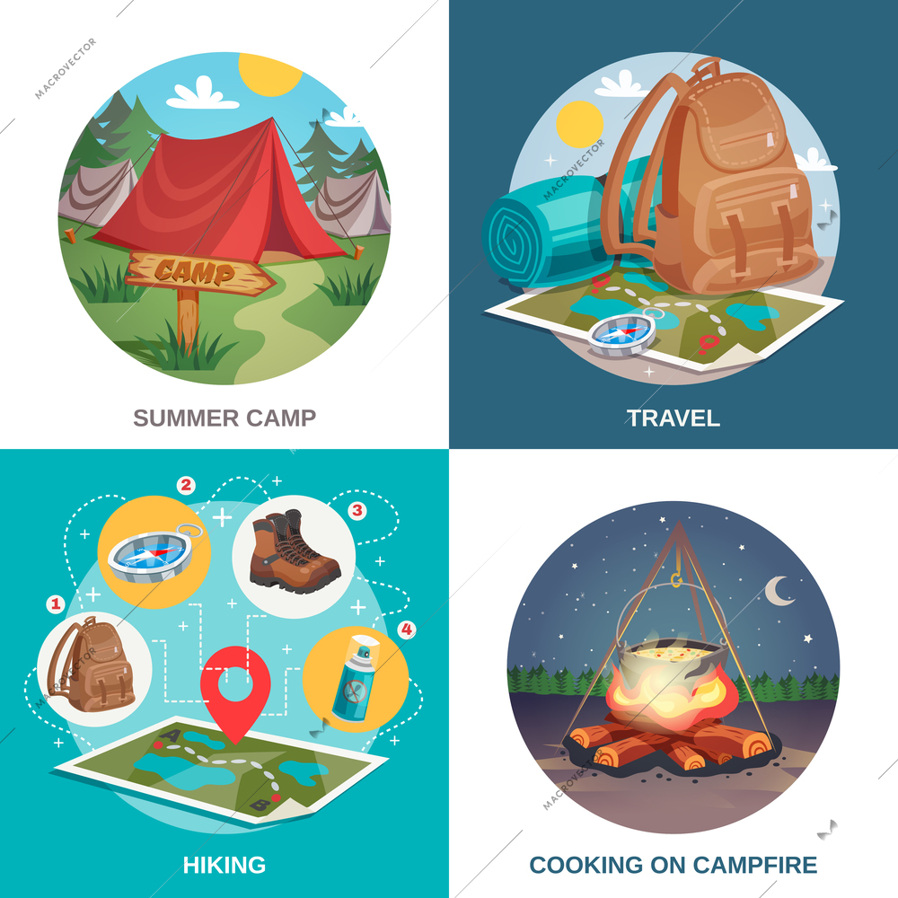 Camping design concept square compositions set with drawn travel tent backpack night campfire images and location vector illustration