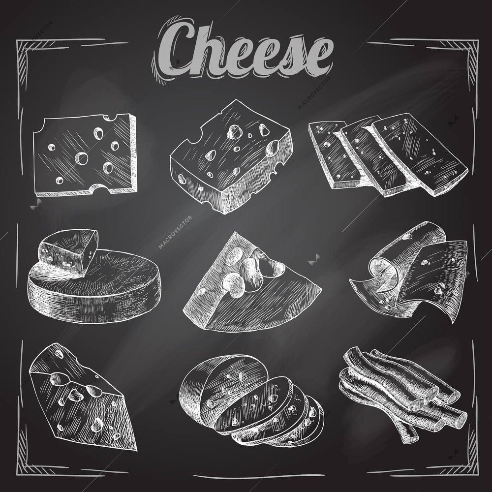 Chalk board cut sliced cheese assortment decorative icons set vector illustration