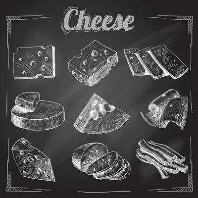 Chalk board cut sliced cheese assortment decorative icons set vector illustration