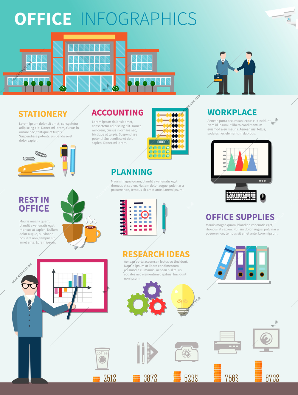Office Infographics flat template with advertising of goods for work and rest in office vector illustration