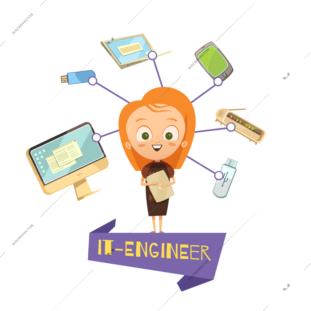 Cartoon female figurine of it engineer and data exchange tools icons set as visual information for kids vector illustration