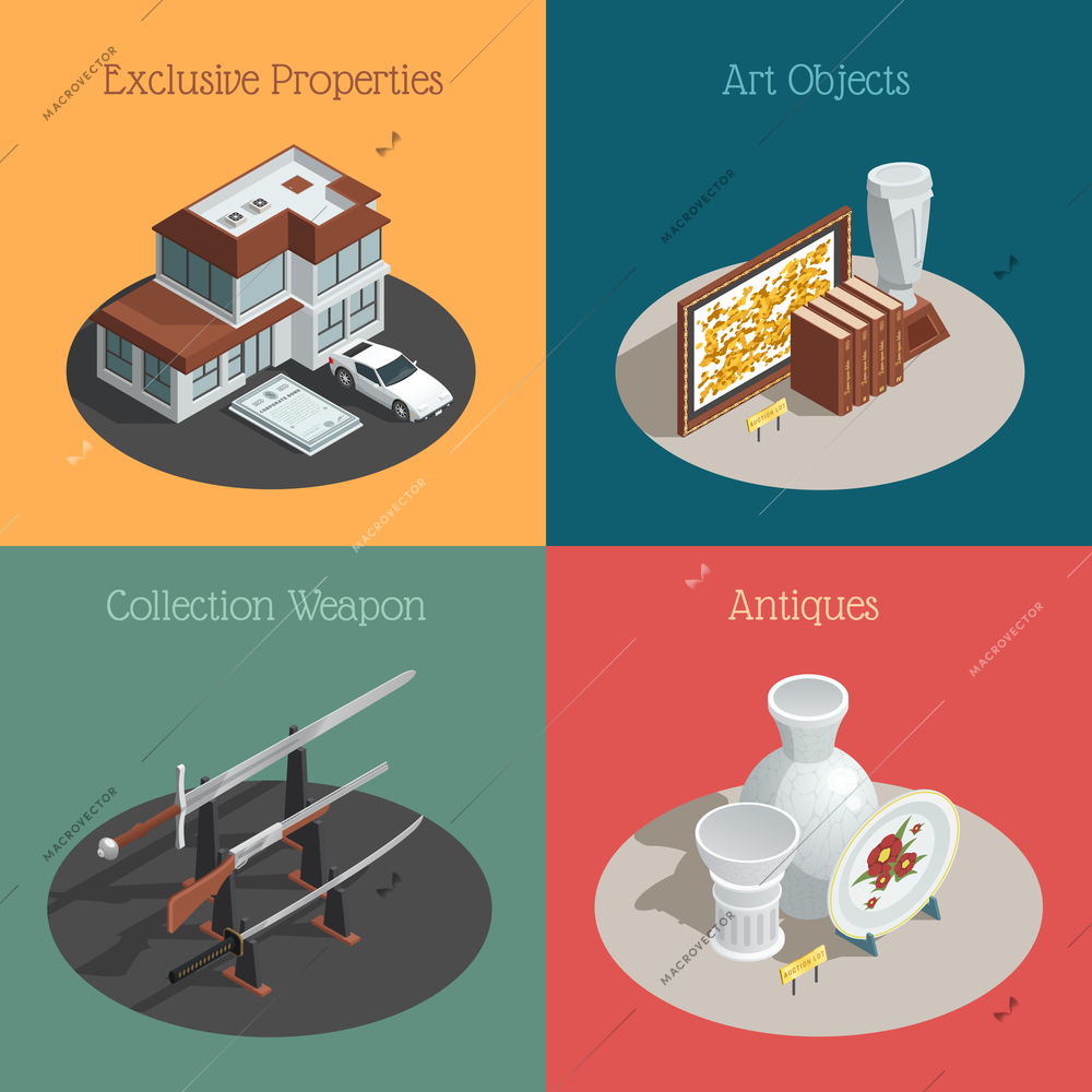Four auction compositions set with isometric images of valuable collections and antique goods with text captions vector illustration