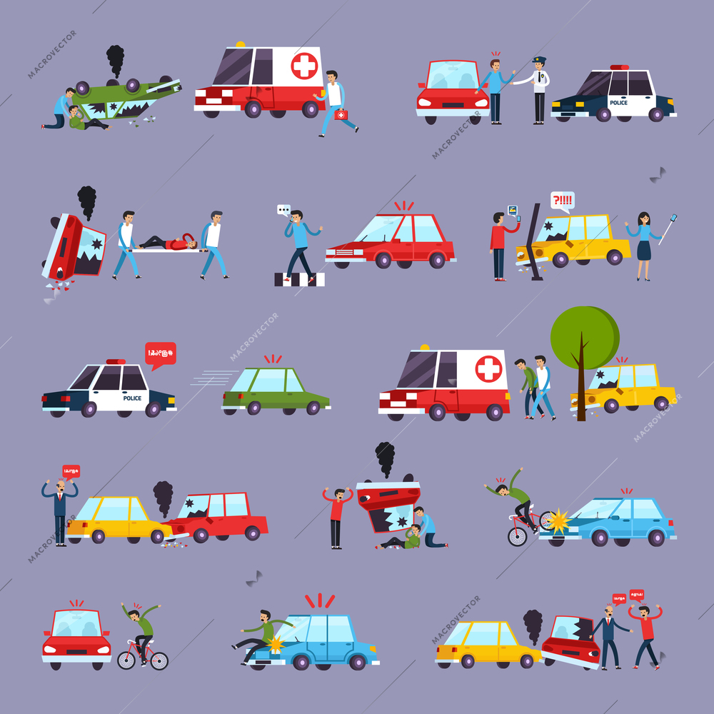 Road accident icons set with car crash symbols flat isolated vector illustration