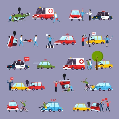 Road accident icons set with car crash symbols flat isolated vector illustration