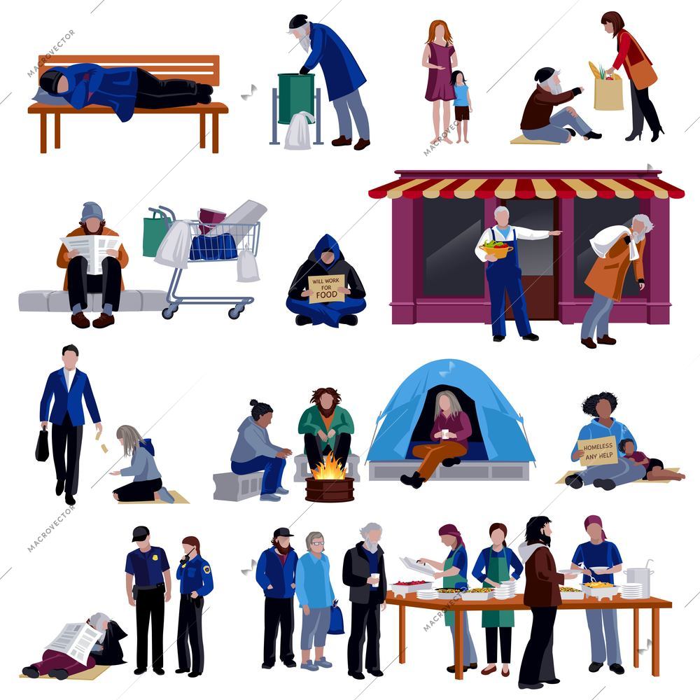 Homeless people isolated decorative icons set of tramp sleeping on bench hungry beggar sitting on on sidewalk refugees in camp flat  vector illustration