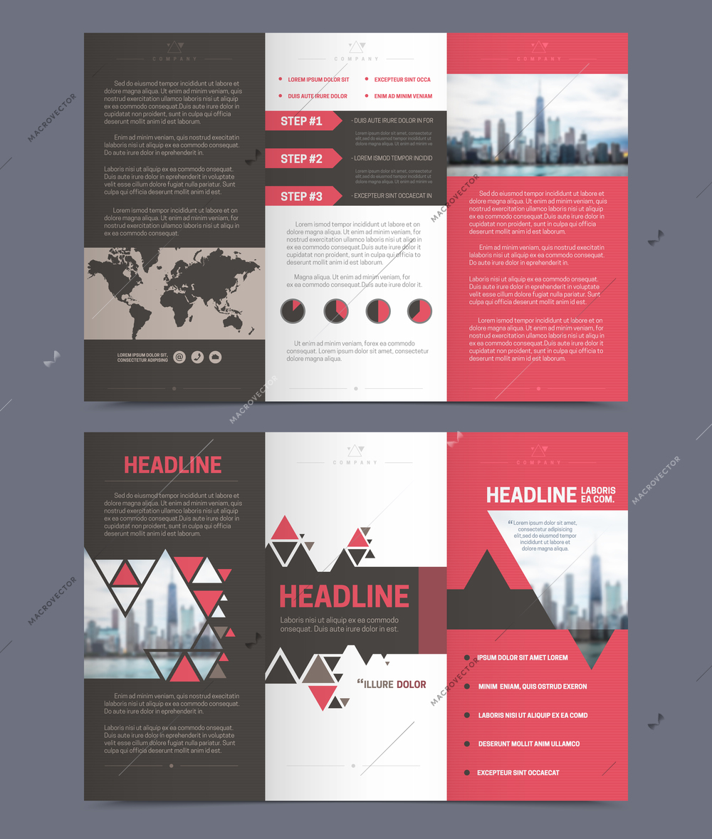 Three fold flyer template set with world map charts and abstract elements isolated vector illustration