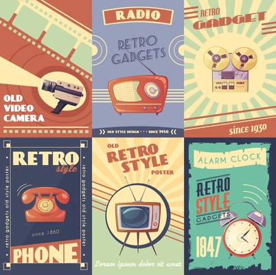 Retro gadgets cartoon posters with camera radio musical player phone tv alarm clock vector illustration