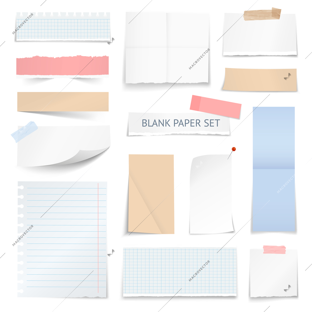 Blank school notebook page strips graph paper notes with shadow curled edge effect realistic samples collection vector illustration