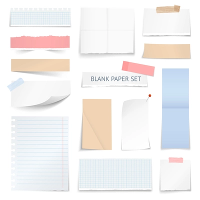 Blank school notebook page strips graph paper notes with shadow curled edge effect realistic samples collection vector illustration