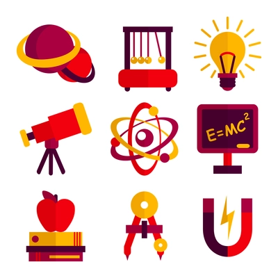 Physics and astronomy scientific laboratory equipment icons set isolated vector illustration.