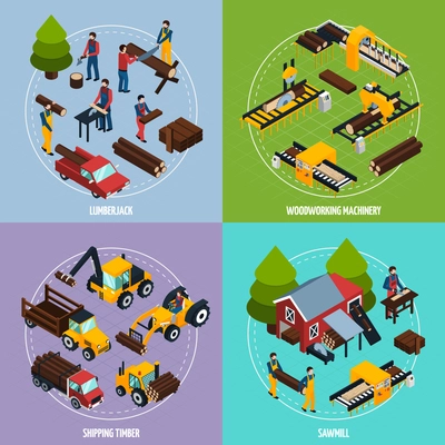 Sawmill 2x2 design concept set of  working lumberjacks timber shipping and woodworking machinery square compositions isometric vector illustration