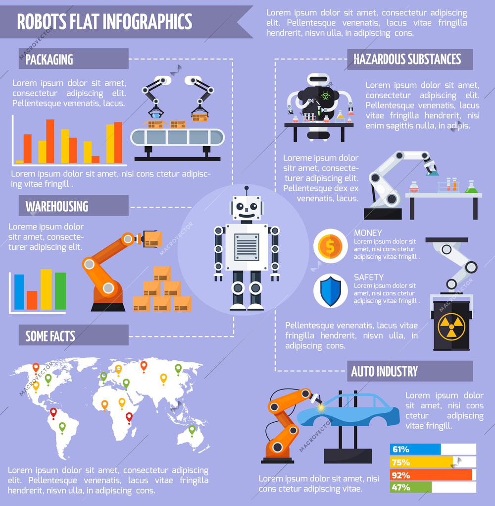 Robots infographic set with warehouse and packaging symbols flat vector illustration