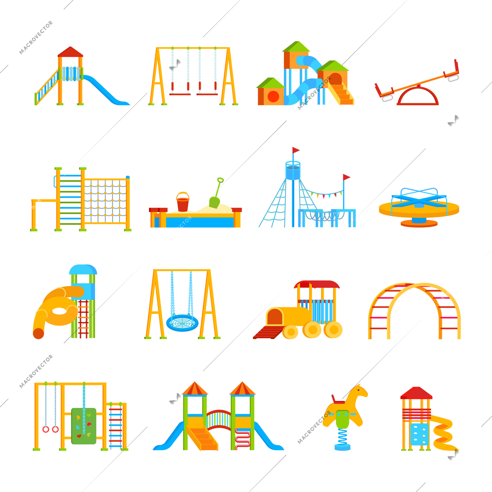 Sixteen isolated childrens playground equipment elements set with flat cartoon icons of carrousels seesaws and slippery dips vector illustration