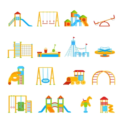 Sixteen isolated childrens playground equipment elements set with flat cartoon icons of carrousels seesaws and slippery dips vector illustration