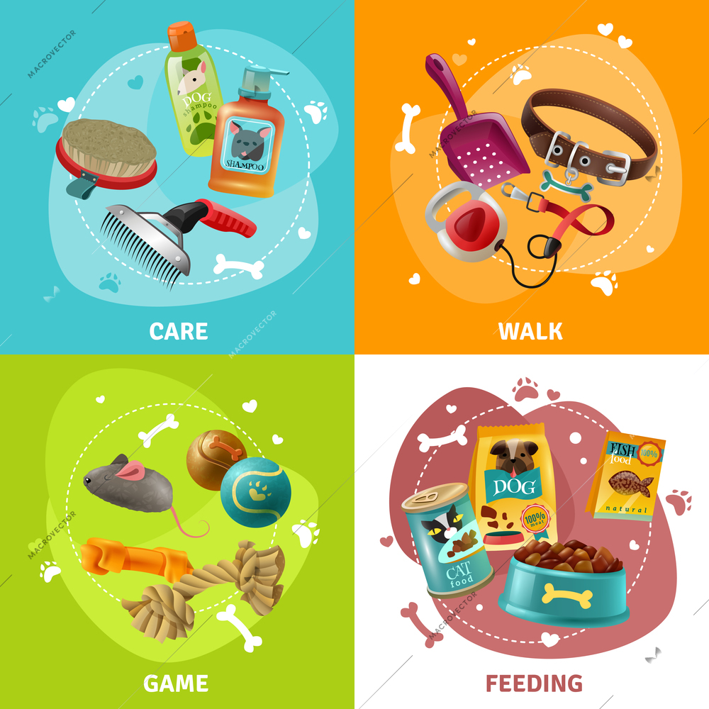 Affordable pet care center service concept with grooming playing and feeding 4 colorful icons square isolated vector illustration