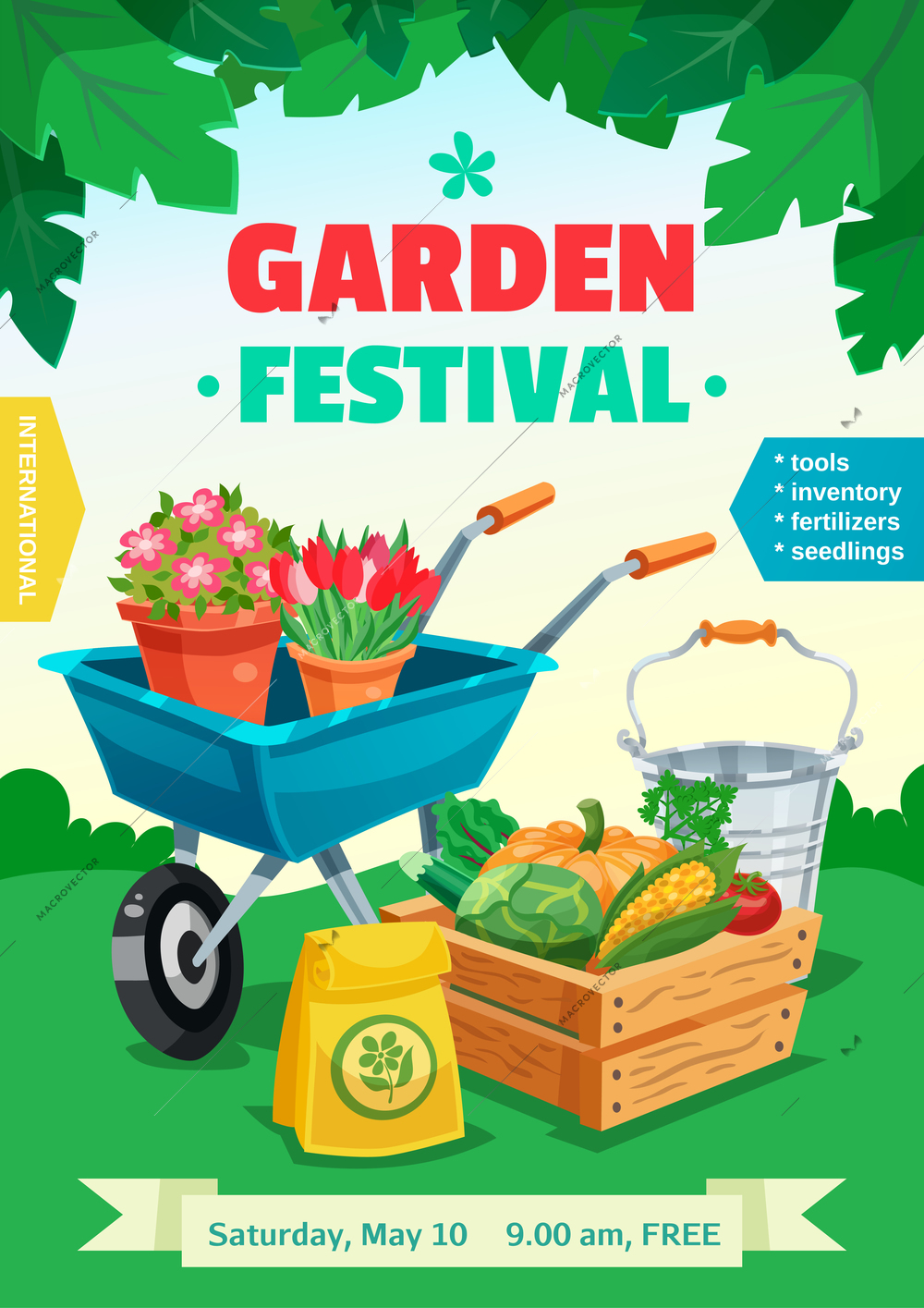 Garden festival colorful poster with rural landscape and advertising of tools inventory seedlings fertilizer  flat vector illustration