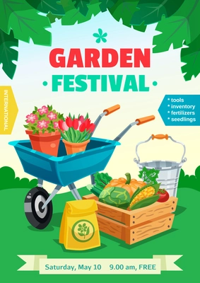 Garden festival colorful poster with rural landscape and advertising of tools inventory seedlings fertilizer  flat vector illustration