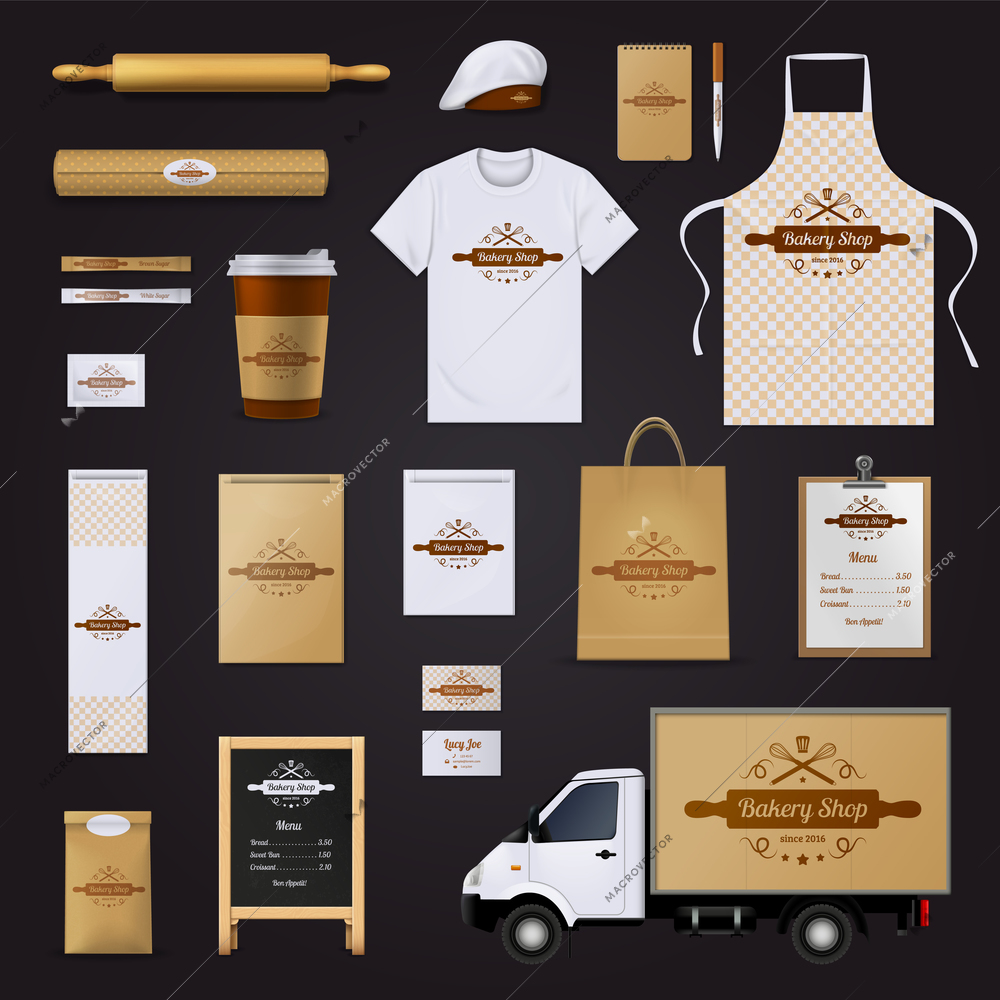 Modern authentic bakery shop corporate identity menu and price list template design black background realistic vector illustration