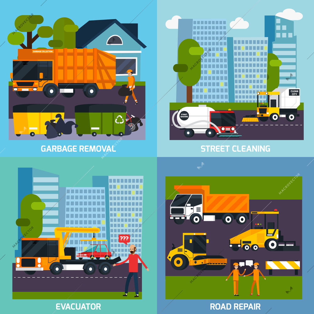 Special transport 2x2 flat design concept with garbage removal road repair street cleaning and evacuator square compositions vector illustration