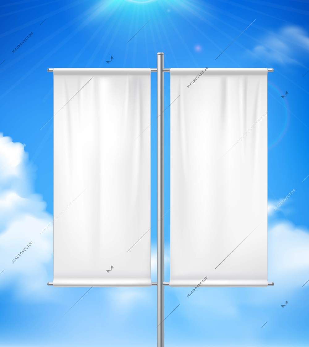 White blank realistic double pole banner advertisement flag outdoor with blue sunny cloudy  sky background vector illustration