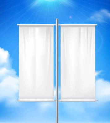 White blank realistic double pole banner advertisement flag outdoor with blue sunny cloudy  sky background vector illustration