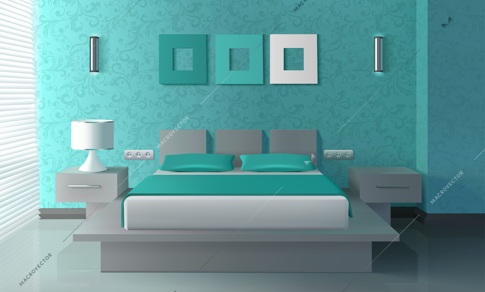 Modern bedroom interior with bed drawer and lamp realistic vector illustration