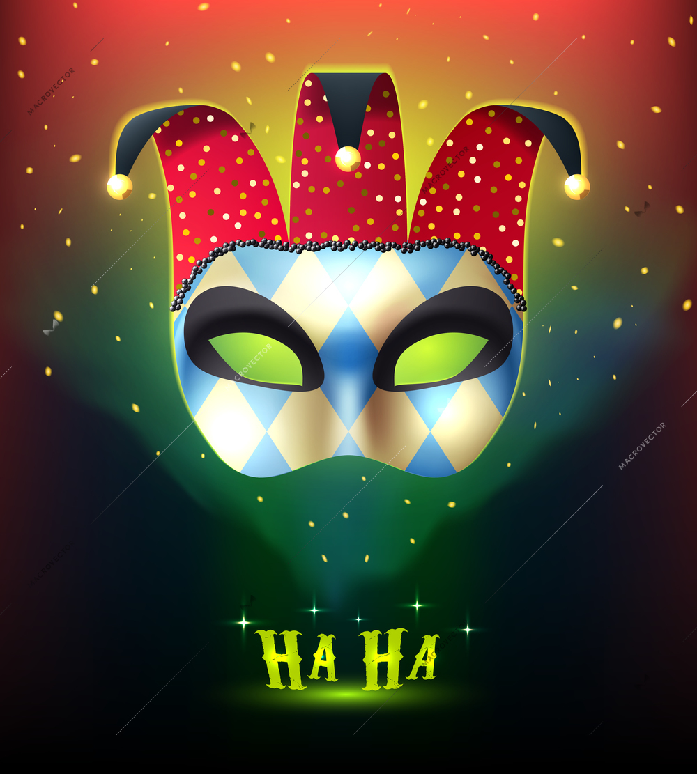 Masquerade background with realistic joker mask splendid on colorful stellar background with cartoon style mysterious lights vector illustration