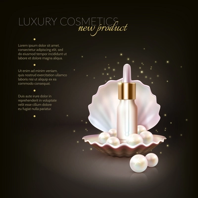 Beauty cosmetic conceptual background with pearls and dropping tube inside realistic shell with editable advertising text vector illustration