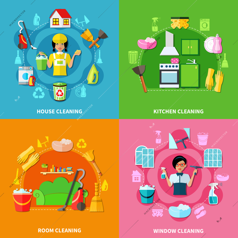 Four colorful square backgrounds with image compositions of cleaning facilities washing agents characters doodle style icons vector illustration