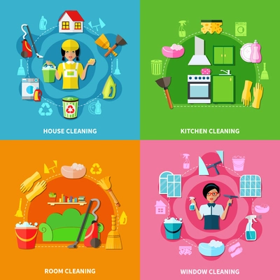 Four colorful square backgrounds with image compositions of cleaning facilities washing agents characters doodle style icons vector illustration