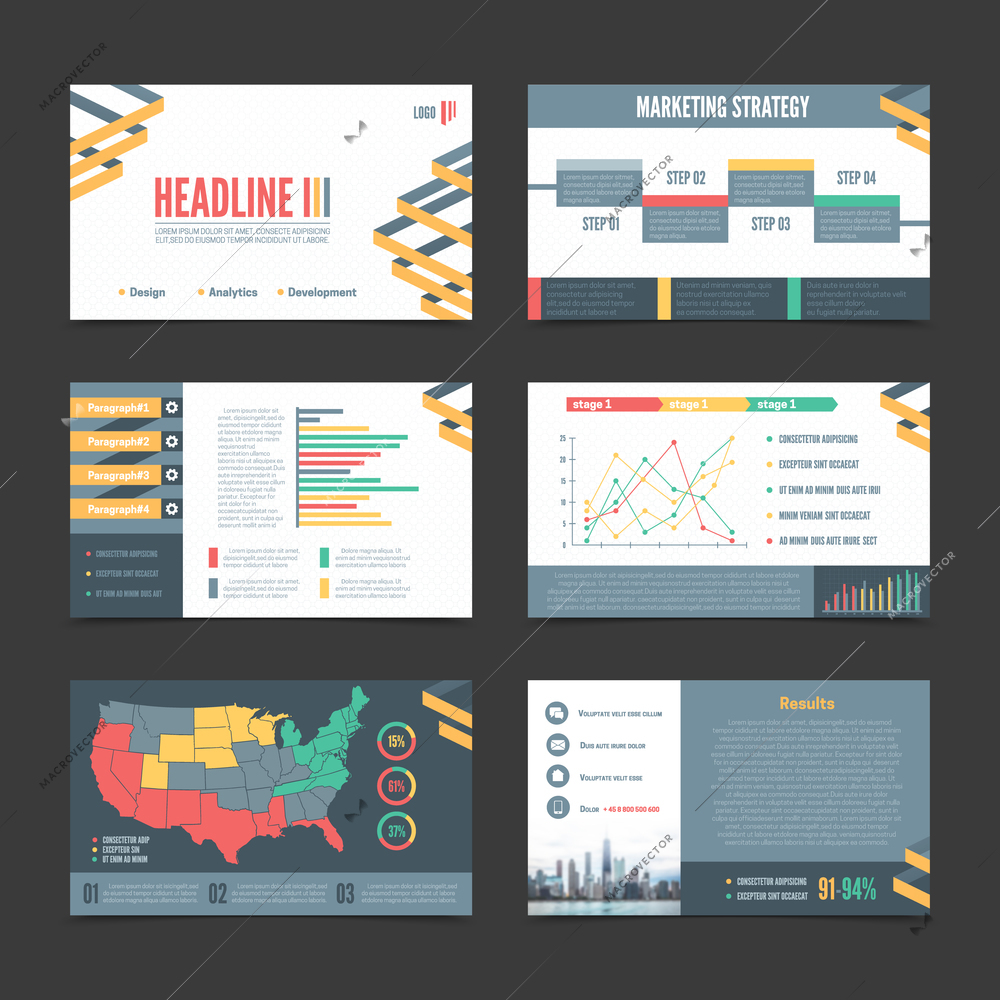 Six horizontal presentation templates banner set with different elements for page of business presentation vector illustration