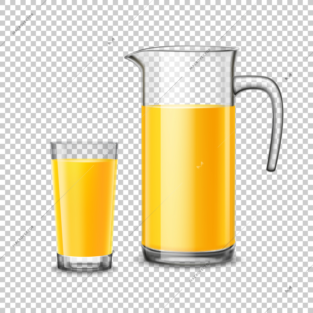 Glass and pitcher with orange juice design concept in realistic style on transparent  background vector illustration