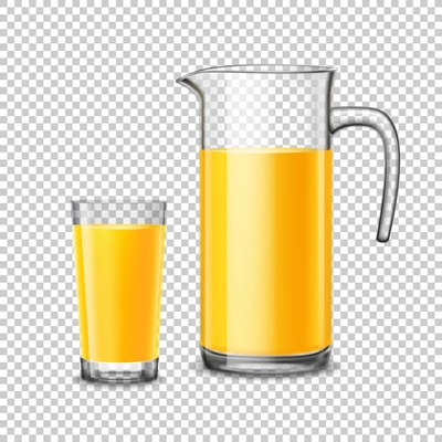 Glass and pitcher with orange juice design concept in realistic style on transparent  background vector illustration