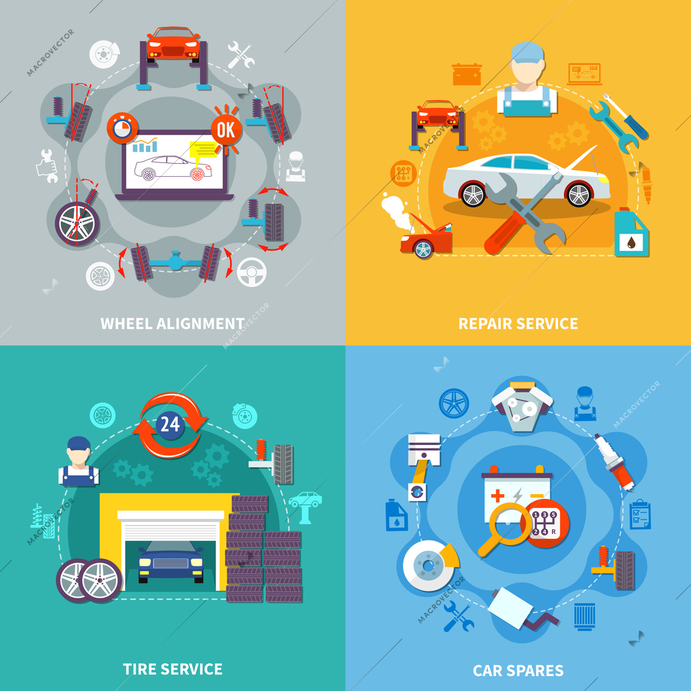 Auto service 2x2 design concept with tire service wheel alignment repair service  and car spares compositions flat vector illustration