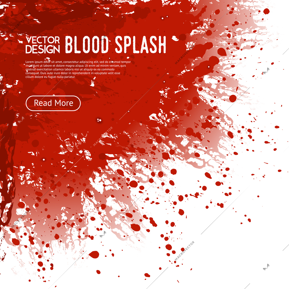 Big realistic blood splash corner on white background webpage design poster with read more button vector illustration
