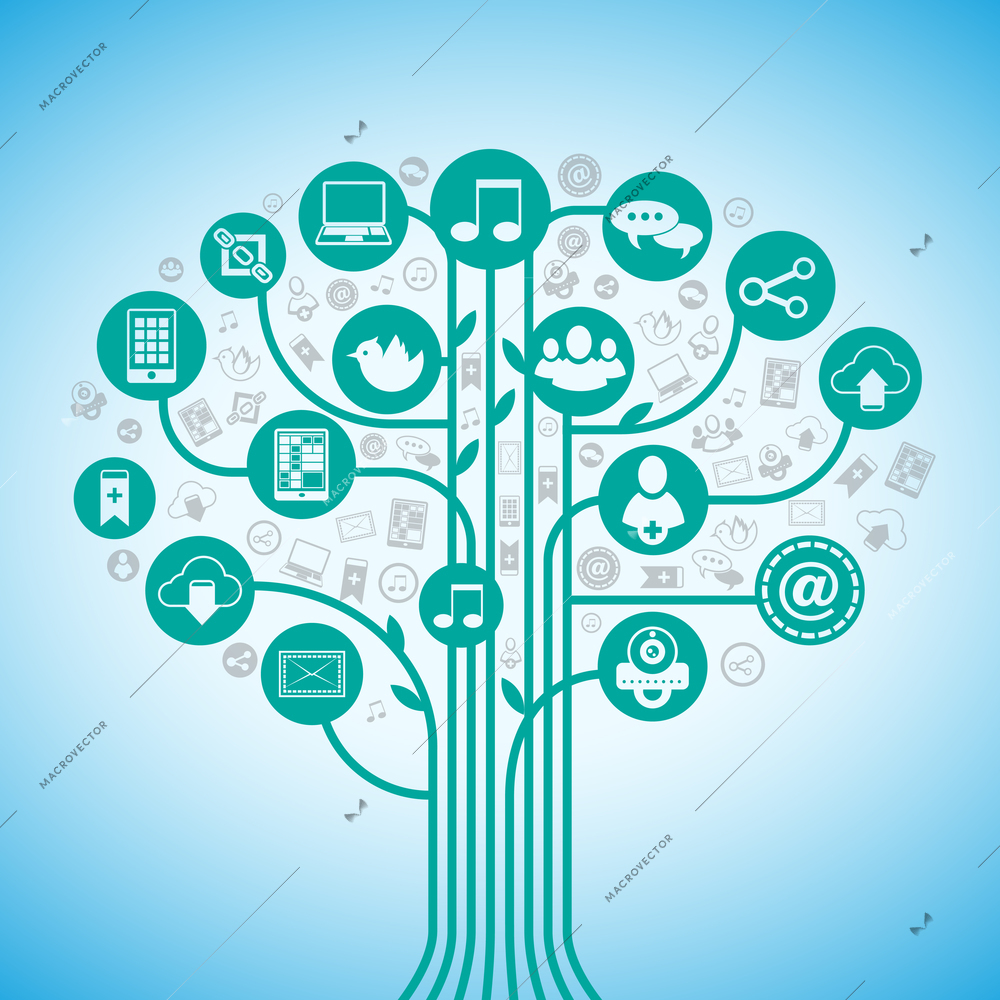 Social media tree network concept with web communication icons vector illustration.