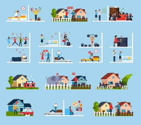 Conflicts with neighbors icons set with noise symbols flat isolated vector illustration