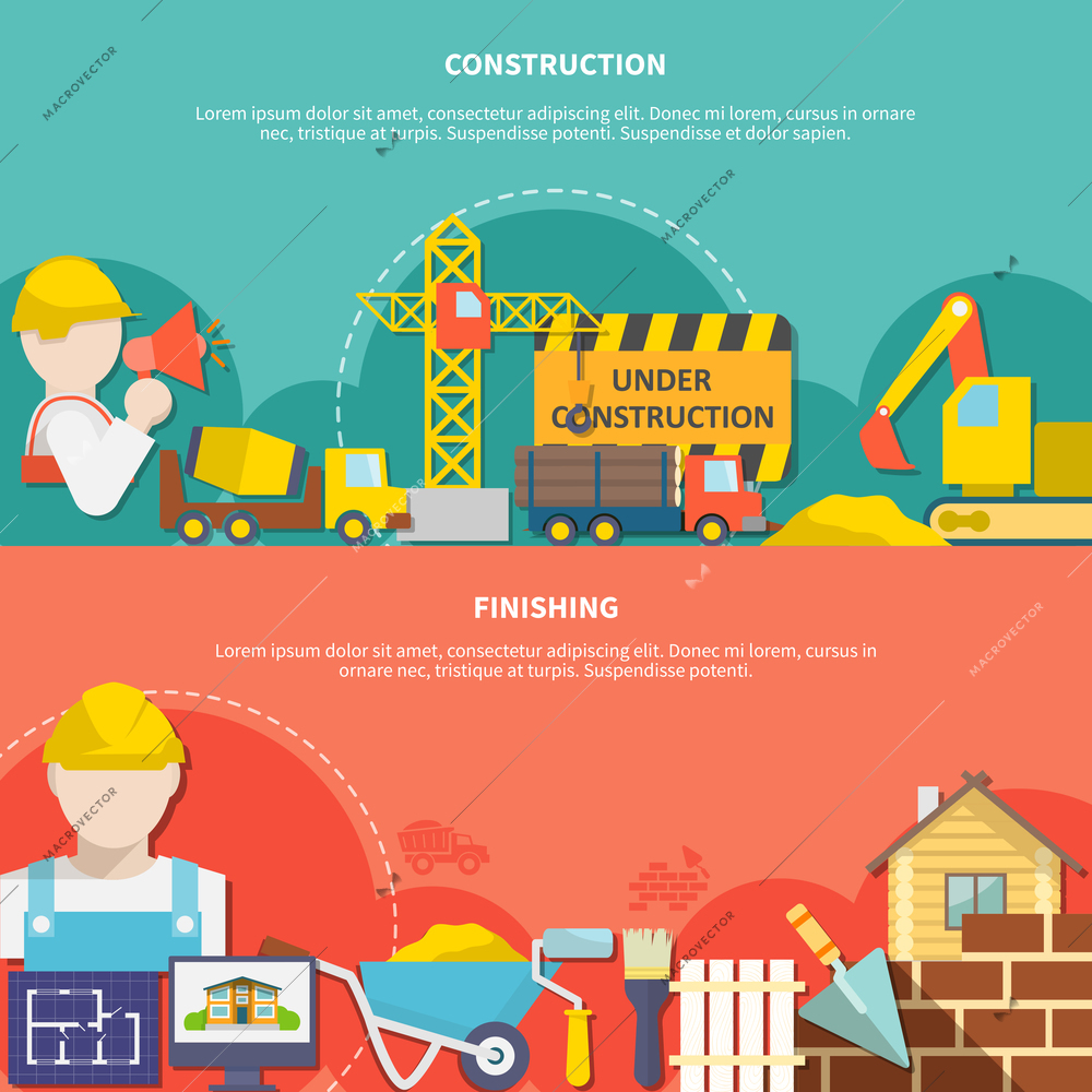 Flat industry horizontal banners with construction elements tools and building completion vector illustration