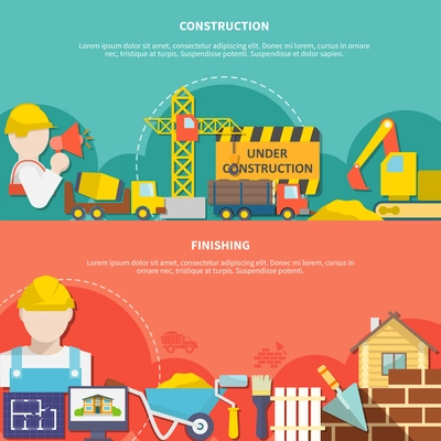 Flat industry horizontal banners with construction elements tools and building completion vector illustration