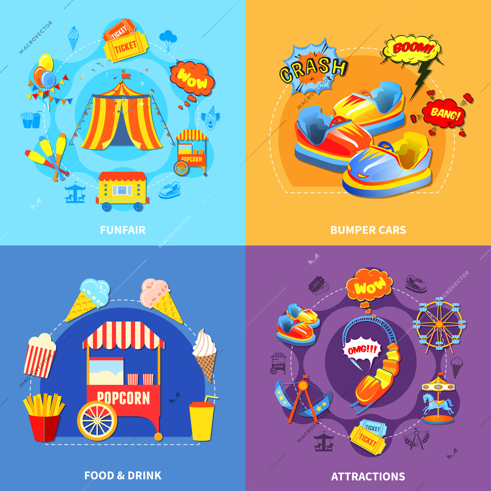 Circus amusement park 4 flat icons square composition abstract isolated vector illustration