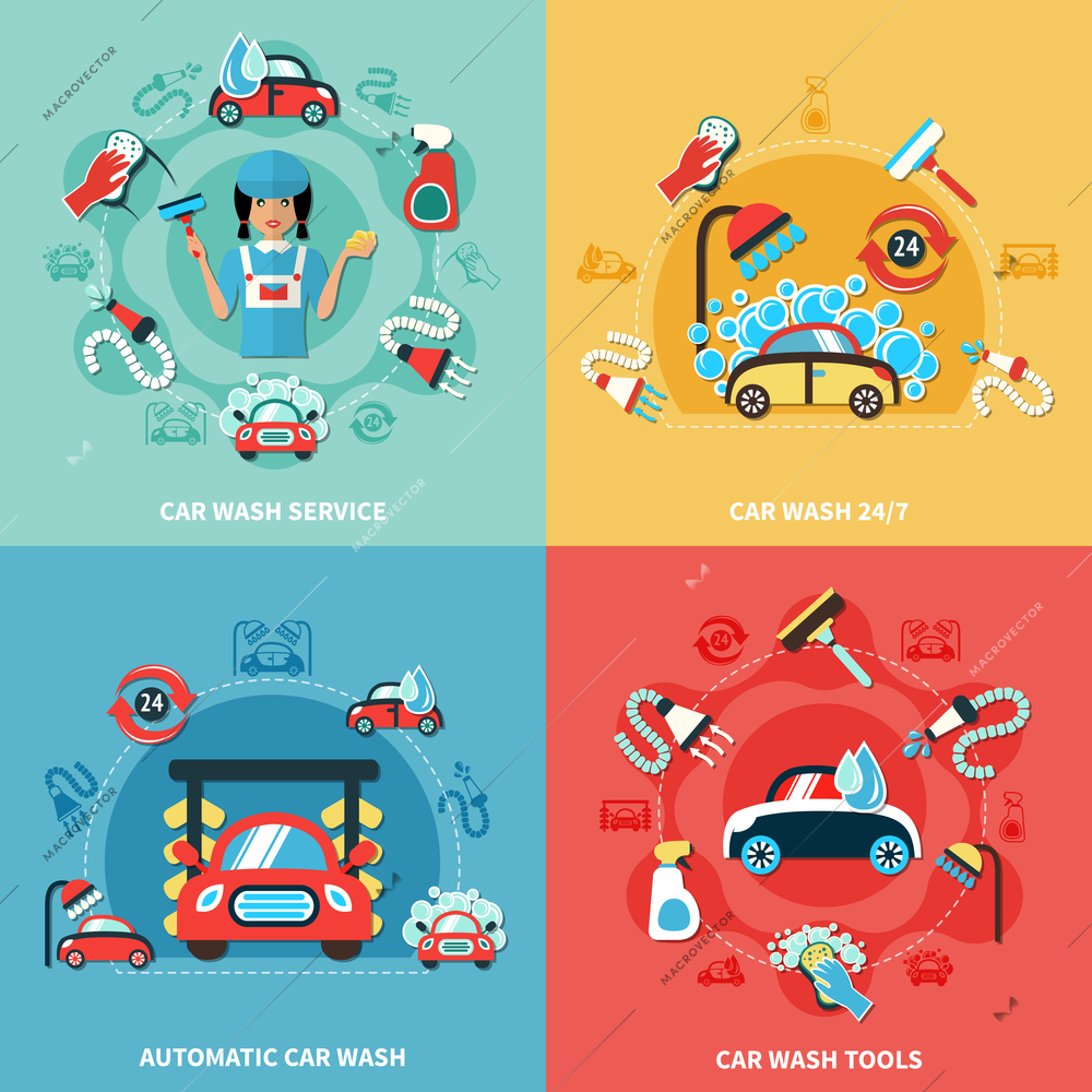 Four square car wash 24/7 colorful compositions with cartoon cars cleaning agents and tools images vector illustration