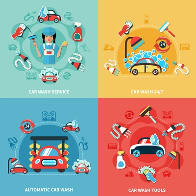 Four square car wash 24/7 colorful compositions with cartoon cars cleaning agents and tools images vector illustration