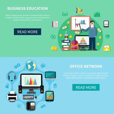 Two horizontal banners with office network  and business education design concepts composed from workplace icons flat vector illustration